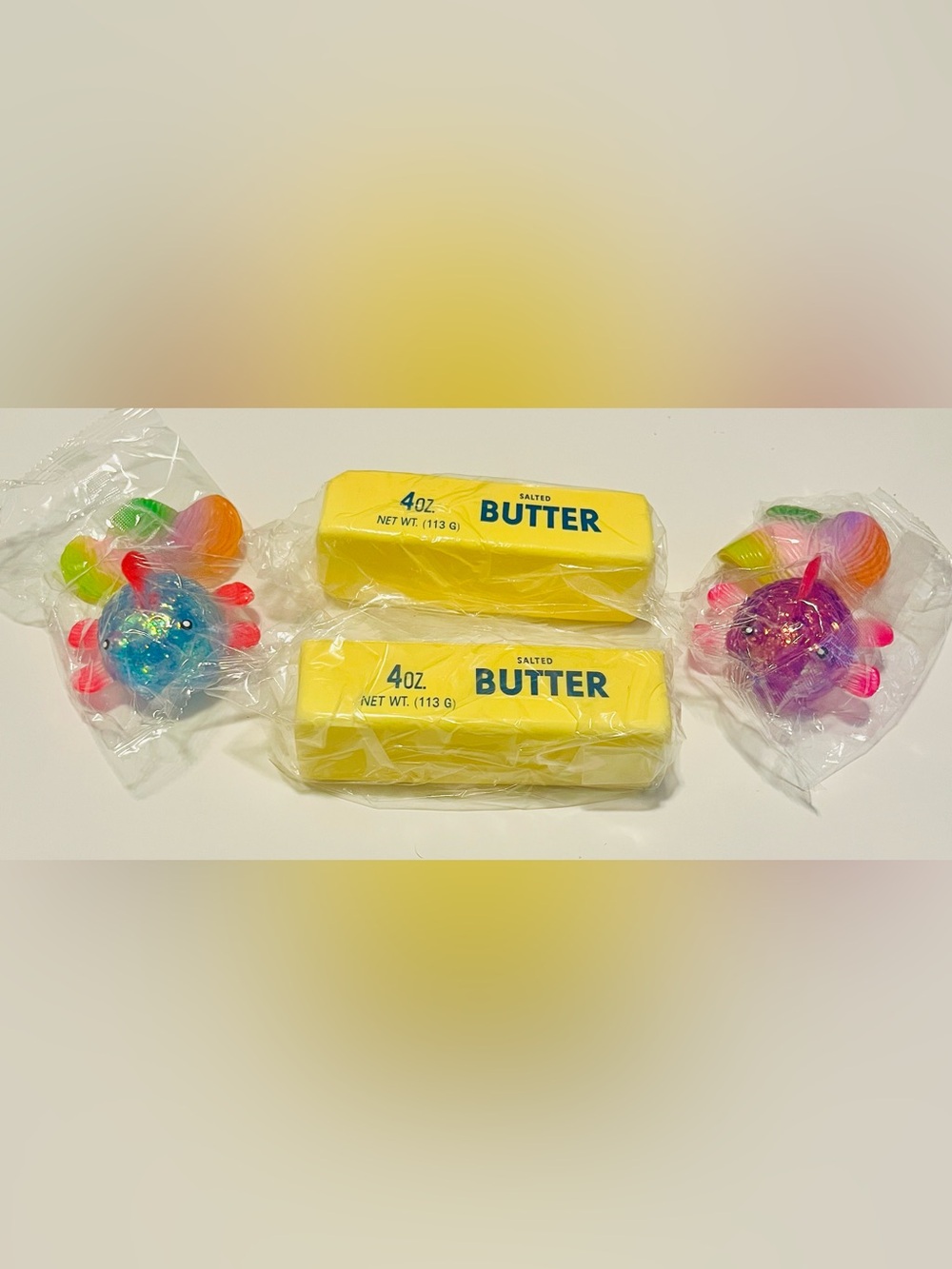 Novelty Salted Butter Squishies & Rainbow Goldfish Squishes - 4 Pack Bundle